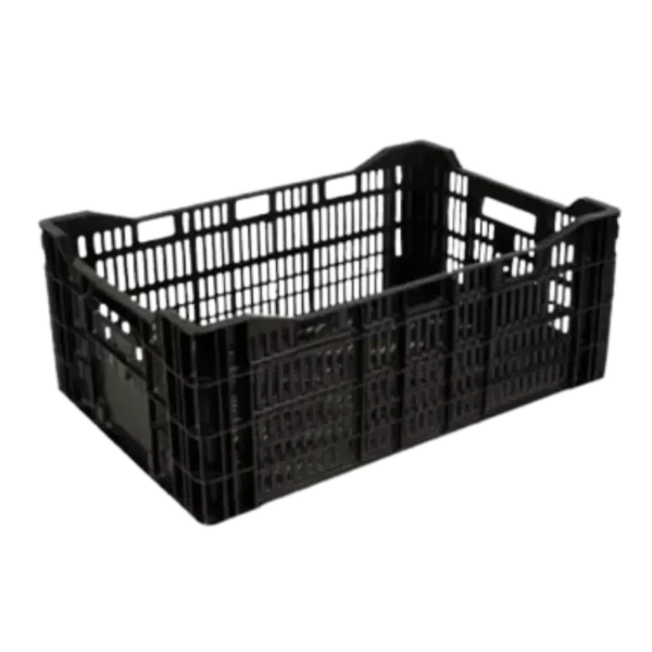 Caja plástica negra BULBO WEN PE L2 fabricada en Polietileno de alta densidad, ideal para cosecha y exportación de carozos, almacenamiento y traslado de tomates y paltas.