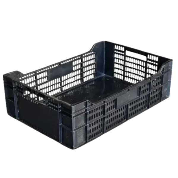 Caja plástica negra COSECHERA 3/4 RVC WEN L2 fabricada en Polietileno de alta densidad, ideal para cosecha de uva, usos domésticos y logísticos.