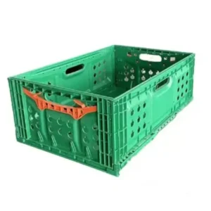 Caja Hortalicera Plegable 50 LTS fabricada en Polipropileno virgen, ideal para almacenamiento y distribución de frutas, plegable para ahorro de espacio.
