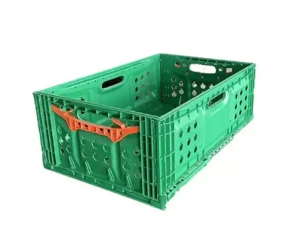 Caja Hortalicera Plegable 50 LTS fabricada en Polipropileno virgen, ideal para almacenamiento y distribución de frutas, plegable para ahorro de espacio.