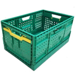 Caja Hortalicera Plegable 65 LTS fabricada en Polipropileno virgen, ideal para almacenamiento y distribución de frutas, plegable para ahorro de espacio.