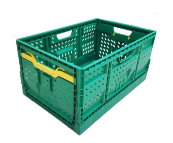 Caja Hortalicera Plegable 65 LTS fabricada en Polipropileno virgen, ideal para almacenamiento y distribución de frutas, plegable para ahorro de espacio.