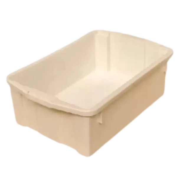 Bandeja plástica UNIVERSAL 28 LTS PCC BLANCO fabricada en Polietileno de alta densidad virgen, ideal para vendimia e industria cárnica, apilable y anidable.