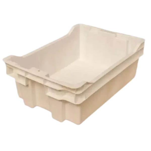 Bandeja plástica UNIVERSAL 46 LTS RCC COLOR G2 fabricada en Polietileno de alta densidad, ideal para pescados, mariscos, vendimia e industria cárnica, apilable y anidable.