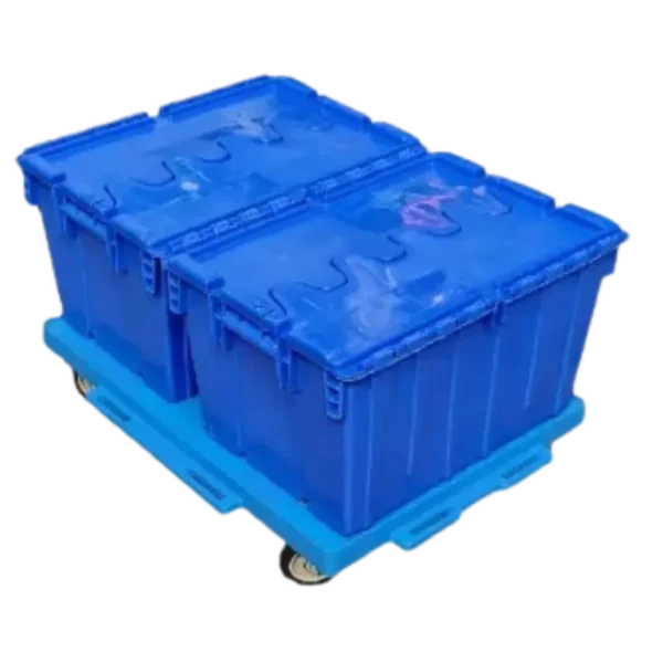 Carro grande para cajas con ruedas de plástico tipo PU, soporta hasta 100 kg, ideal para transporte de contenedores.