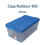 Caja Rollbox 100 Lts - Transparente con tapa azul, ruedas y diseño apilable.