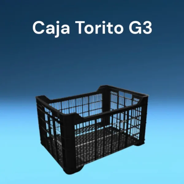 Caja Torito G3 de PEAD reciclado, color negro, ideal para transporte de tomates, paltas, frutas y verduras, resistente hasta 18 kg.