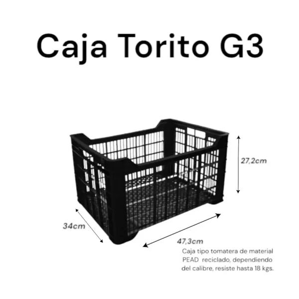 Caja Torito G3 de PEAD reciclado, color negro, ideal para transporte de tomates, paltas, frutas y verduras, resistente hasta 18 kg.