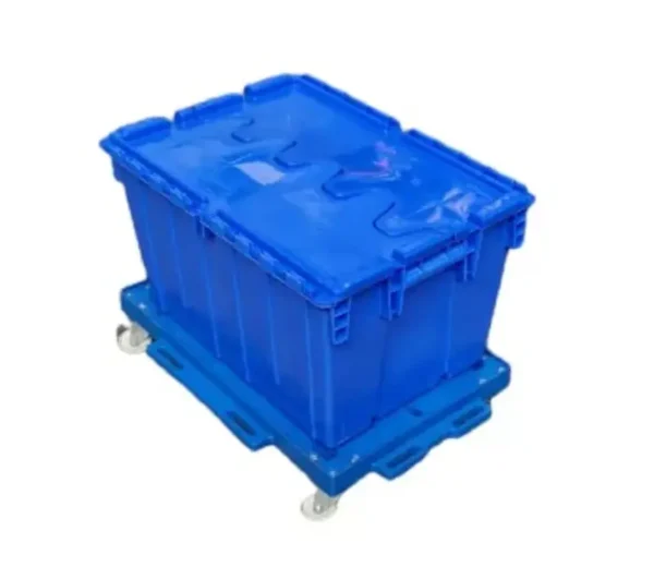 Carro logístico con ruedas de plástico tipo PU, ideal para el transporte de cajas plásticas, soporta hasta 100 kg de carga.