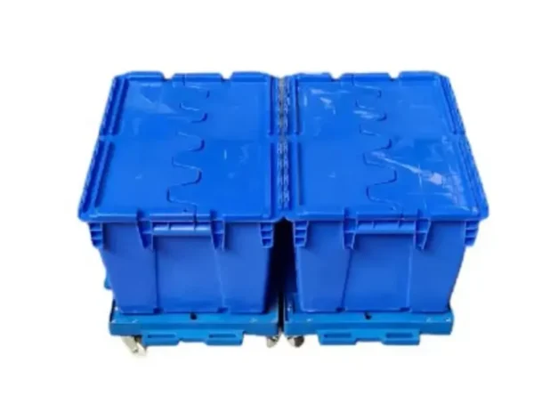 Carro logístico con ruedas de plástico tipo PU, ideal para el transporte de cajas plásticas, soporta hasta 100 kg de carga.