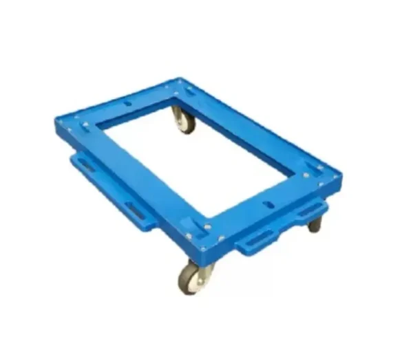 Carro logístico con ruedas de plástico tipo PU, ideal para el transporte de cajas plásticas, soporta hasta 100 kg de carga.