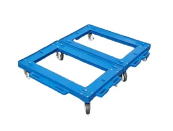 Carro logístico con ruedas de plástico tipo PU, ideal para el transporte de cajas plásticas, soporta hasta 100 kg de carga.