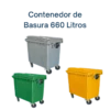 Contenedor de basura de 660 litros con ruedas, tapa resistente y estructura duradera, ideal para manejo de residuos en exteriores y áreas comerciales.