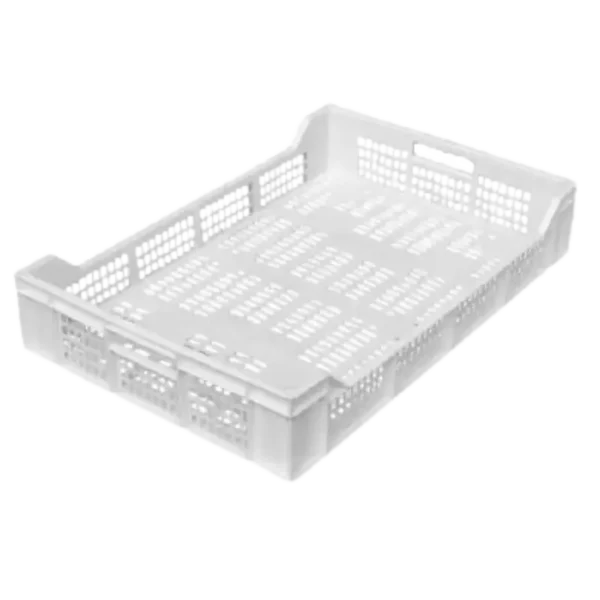 Bandeja plástica IQF ALTA RVV WEN BLANCO fabricada en PEAD virgen, ideal para alimentos congelados, acuicultura y berries, resistente y apilable.
