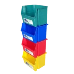 Set de contenedores de reciclaje Wenco, apilables, anidables, en colores rojo, azul, amarillo y verde, ideales para clasificar y organizar.