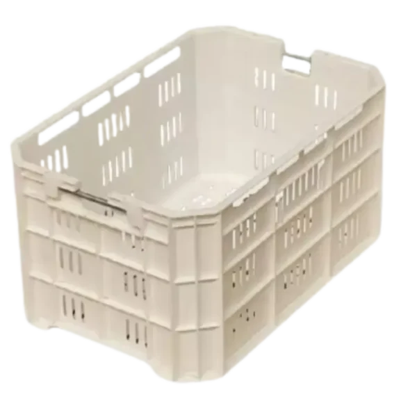 Caja plástica para cosecha de arándanos en color amarillo y blanco, ideal para frutos rojos y con opción de correa para facilitar el transporte.