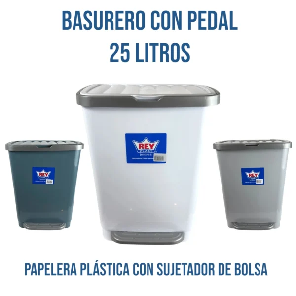 Basurero con Pedal 25 Litros Reyplast | Papelera Plástica con Sujetador de Bolsa