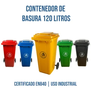 Contenedor de Basura de 120 Litros con Ruedas de Plastore es el tacho todo terreno definitivo para tu pyme, colegio, taller o condominio. Fabricado con plástico HDPE virgen de 4 mm de espesor y certificado bajo la norma EN840, está 100% aprobado para el vaciado automático de camiones recolectores. Sus grandes ruedas de 190 mm aseguran un movimiento suave y sus variantes de color oficial te permiten estructurar puntos de reciclaje de forma impecable. Encuéntralo al mejor precio mayorista en Plastore.
