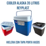 Cooler Alaska 35 Litros Reyplast | Caba Hielera Tapa Porta Vasos en Plastore. Contenedor térmico portátil de 35 Lts con aislamiento de alta eficiencia. Cuenta con tapa multifuncional con 4 porta vasos integrados y asa superior reforzada con sistema de bloqueo. Disponible en terminación lisa (Azul y Rojo) y textura tejida (Marrón Ratán). Ideal para camping, playa y eventos. ¡Despachos express a todo Chile!