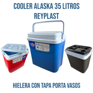 Cooler Alaska 35 Litros Reyplast | Caba Hielera Tapa Porta Vasos en Plastore. Contenedor térmico portátil de 35 Lts con aislamiento de alta eficiencia. Cuenta con tapa multifuncional con 4 porta vasos integrados y asa superior reforzada con sistema de bloqueo. Disponible en terminación lisa (Azul y Rojo) y textura tejida (Marrón Ratán). Ideal para camping, playa y eventos. ¡Despachos express a todo Chile!